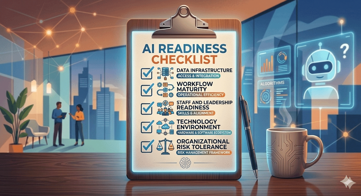 A clipboard with page titled AI Readiness Checklist, showing checkmarks for Data Infrastructure, Workflow Maturity, Staff and Leadership Readiness, Technology Environment, and Organiational Risk Tolerance.