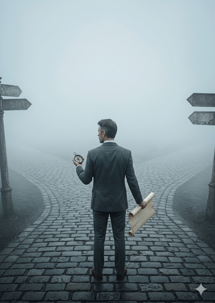 an executive lost in the fog, with a compass and a blank map