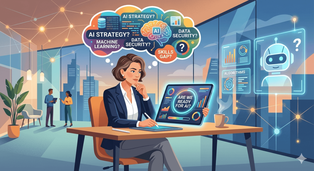 An executive sitting at a desk researching Artificial Intelligence and wondering how it will work for her organization.