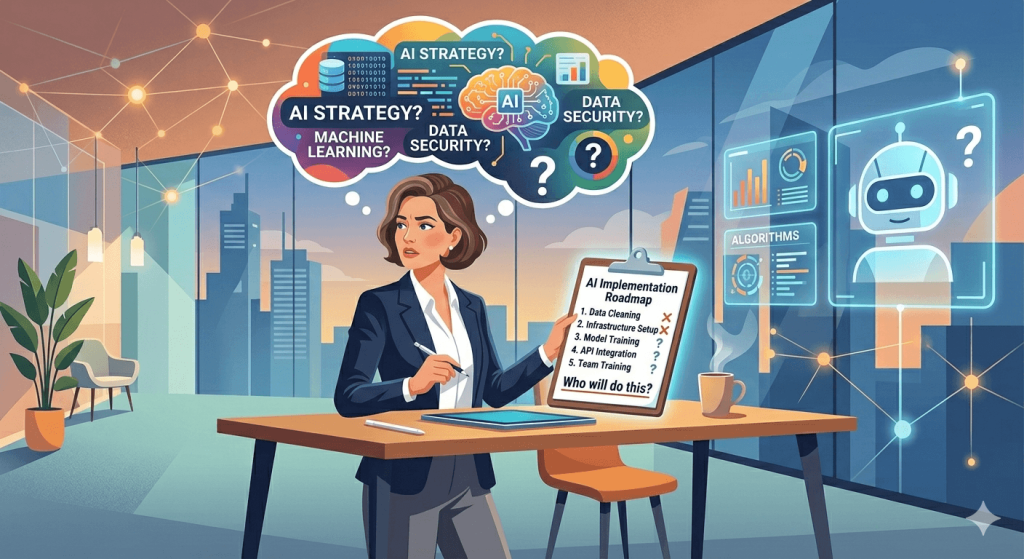 An executive sitting at a desk with an AI roadmap but no one to implement it.
