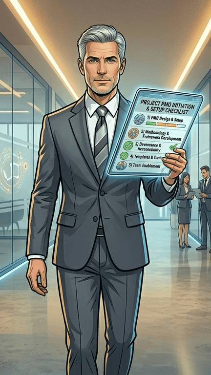 An executive walking down an office hallway with a checklist of project tasks to be done