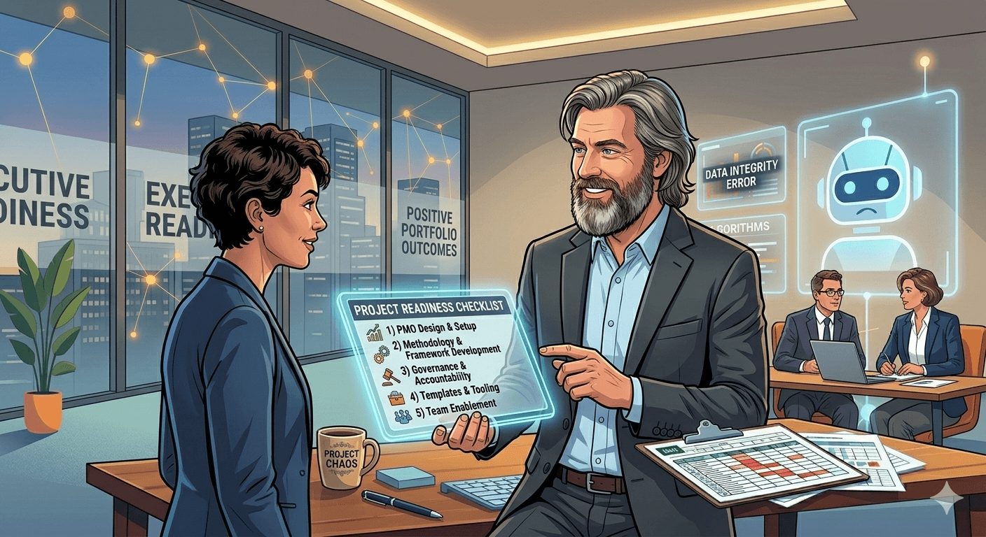 Pete showing an executive a checklist of items to setup a PMO