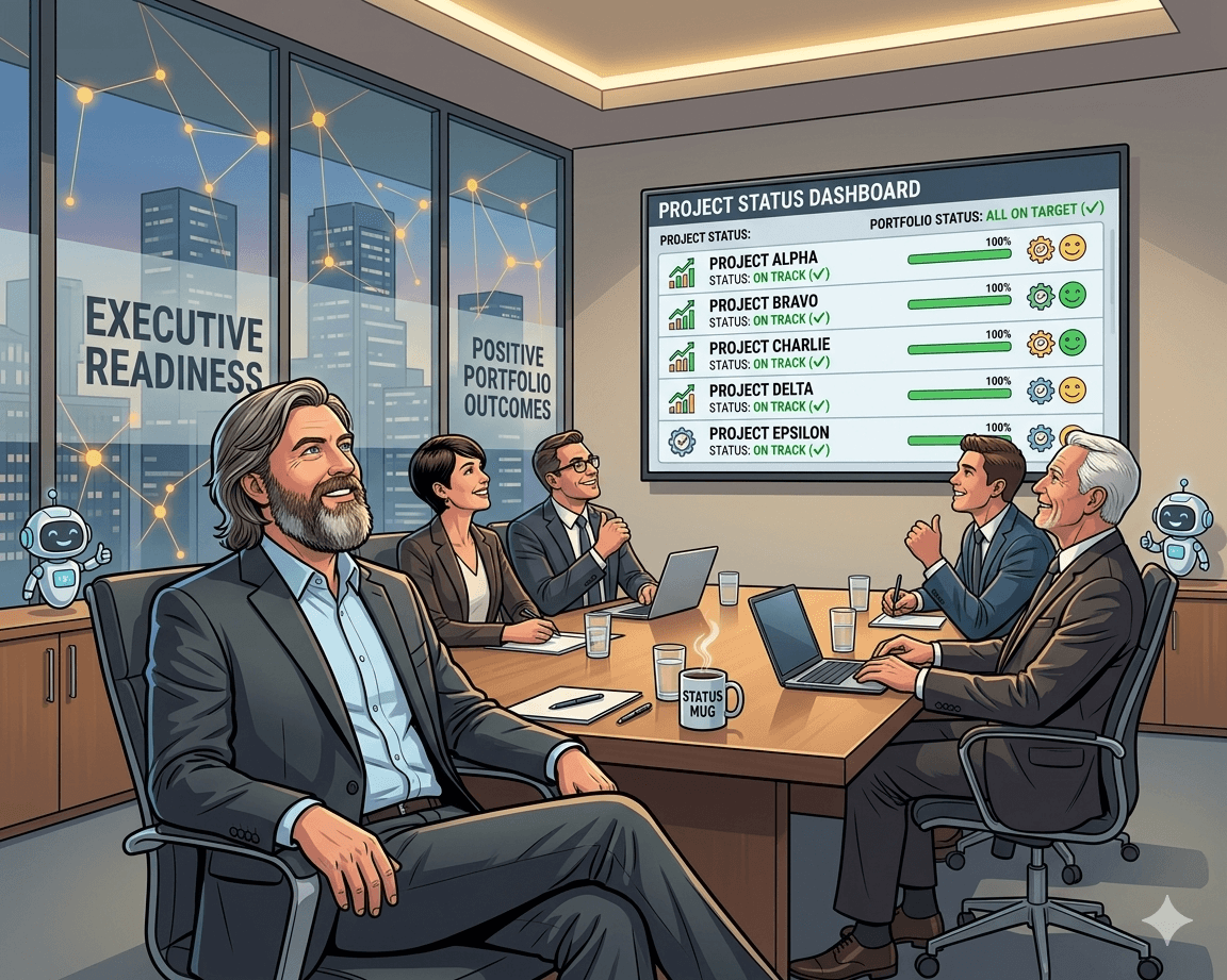 Pete sitting at a boardroom table with executives smiling about the good project status updates