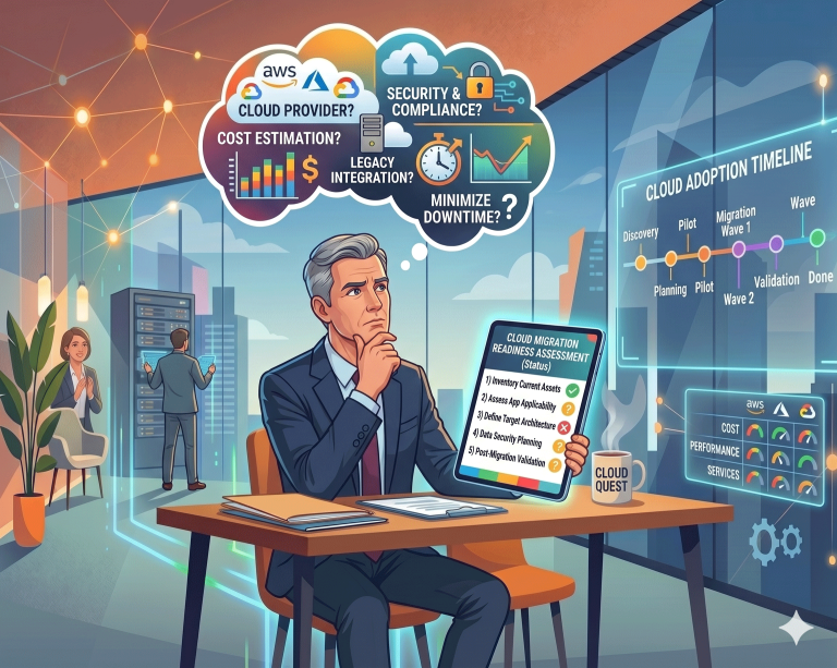 an executive sitting at a desk wondering how to get their small organization to the cloud